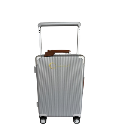 Silver suitcase with a handle on a white background