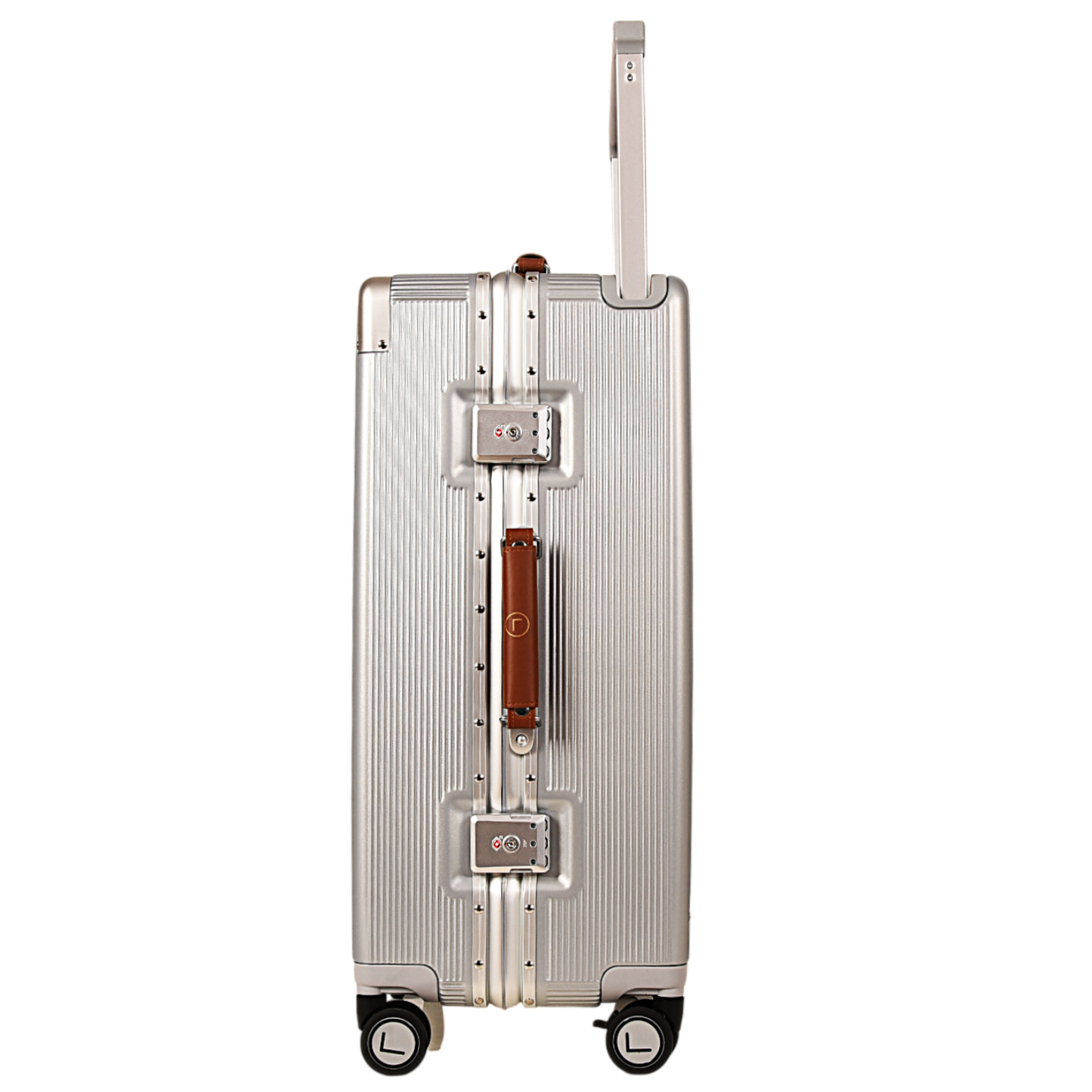 A silver aluminum hard-shell suitcase with a brown leather handle and silver metal lock hardware, shown from the back against a plain white background.