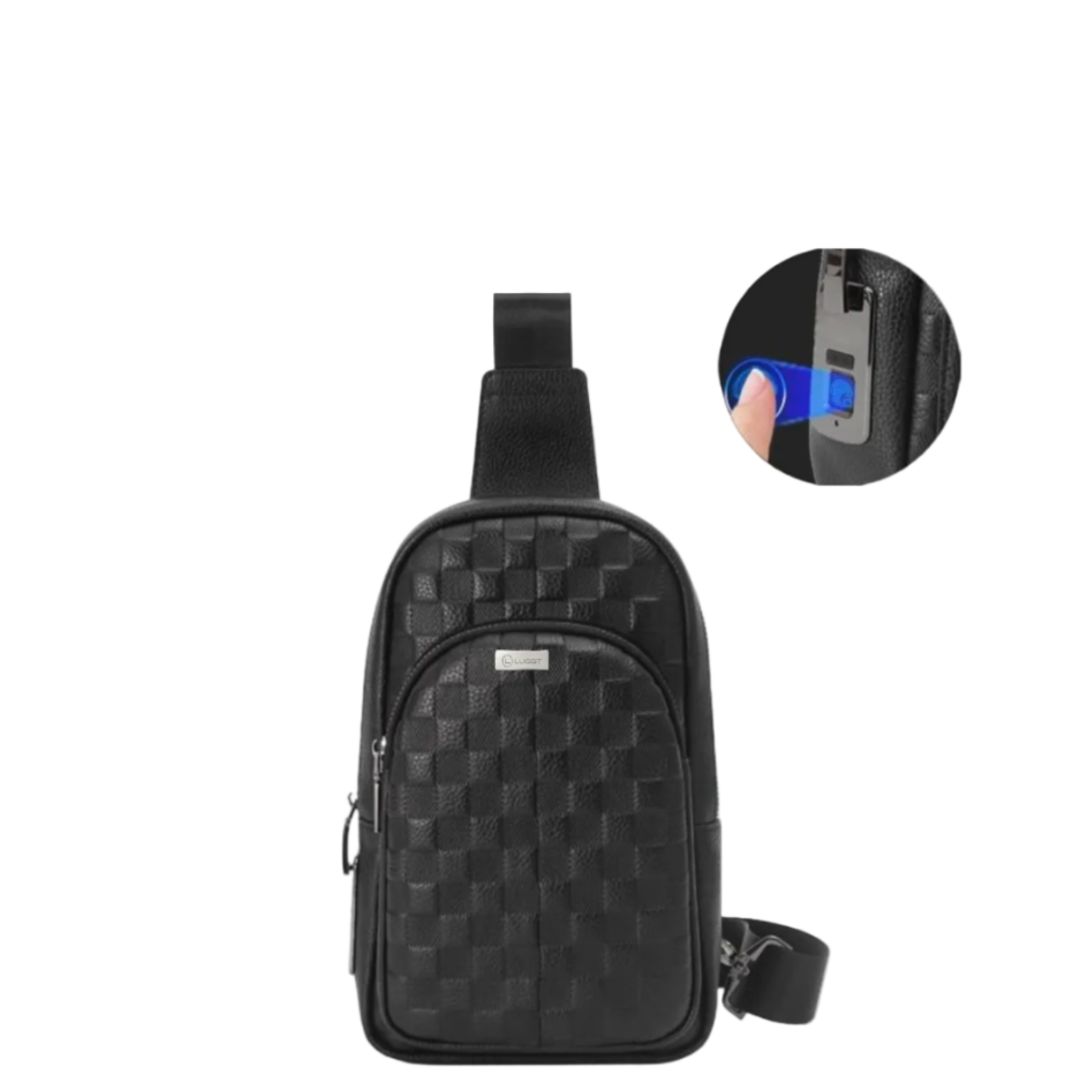 Black woven patterned crossbody bag with a close-up inset showing a blue screen.