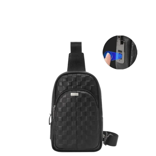 Black woven patterned crossbody bag with a close-up inset showing a blue screen.
