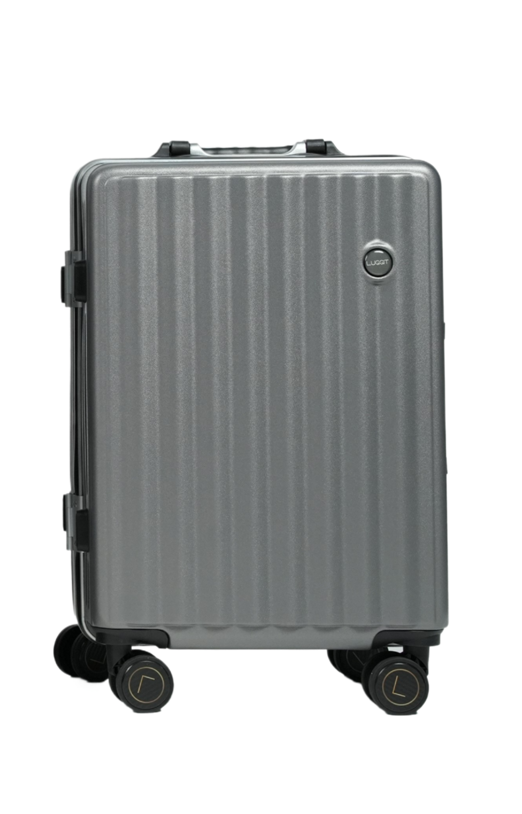 Silver suitcase with a visible brand logo on a white background