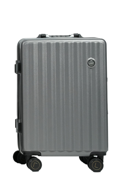 Silver suitcase with a visible brand logo on a white background