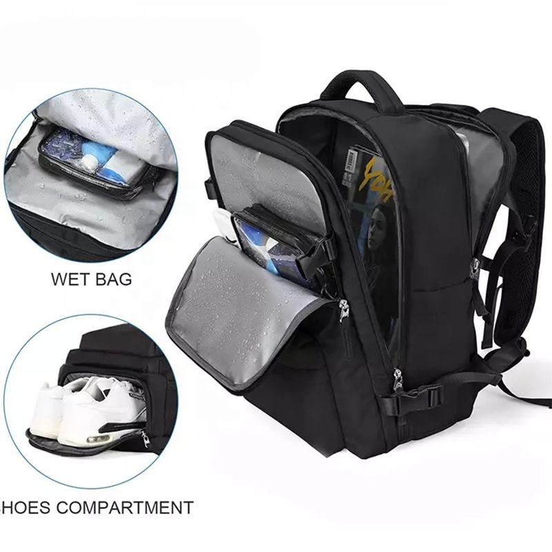 Black backpack with wet bag and shoes compartment compartments on a white background