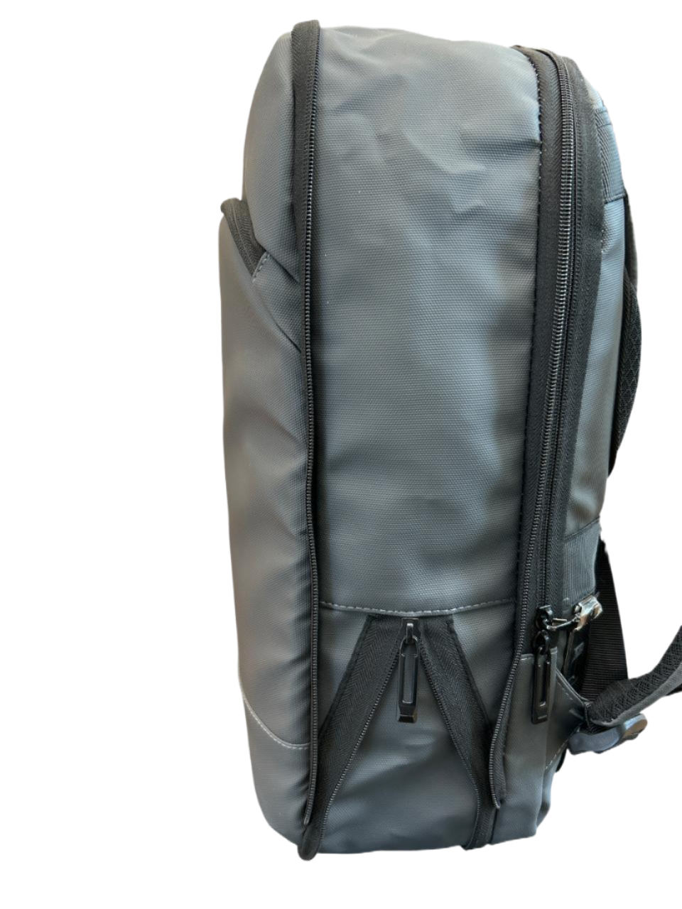 Gray backpack with black zippers on a white background