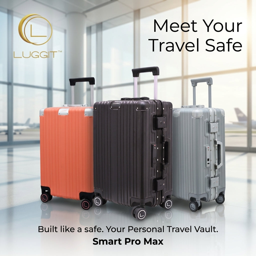 Three suitcases in orange, black, and gray with 'Luggit' branding and text about a travel safe.luggit