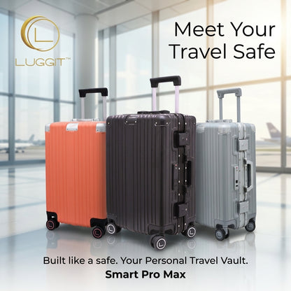 Three suitcases in orange, black, and gray with 'Luggit' branding and text about a travel safe.luggit