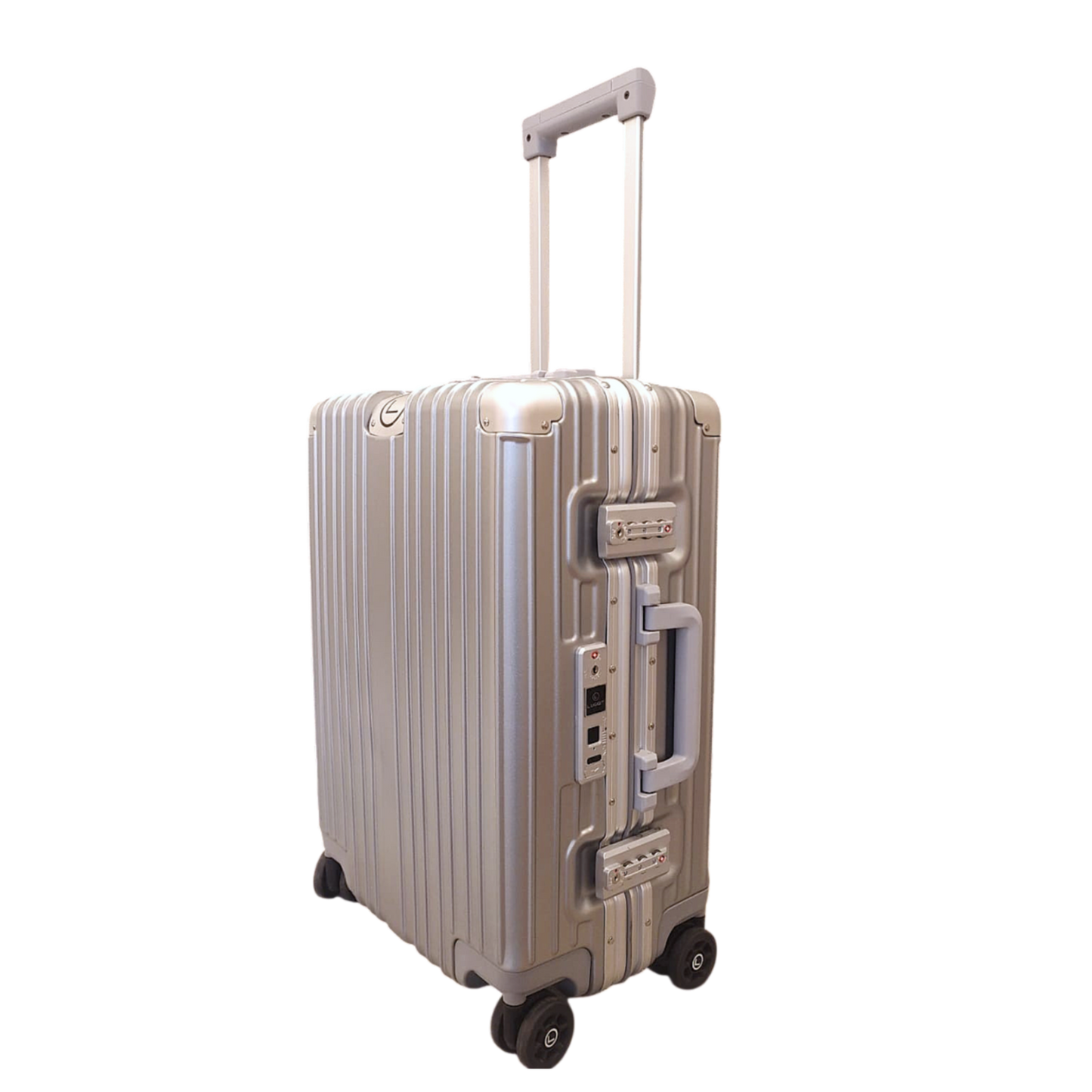 Beige suitcase with wheels and handle on a white background