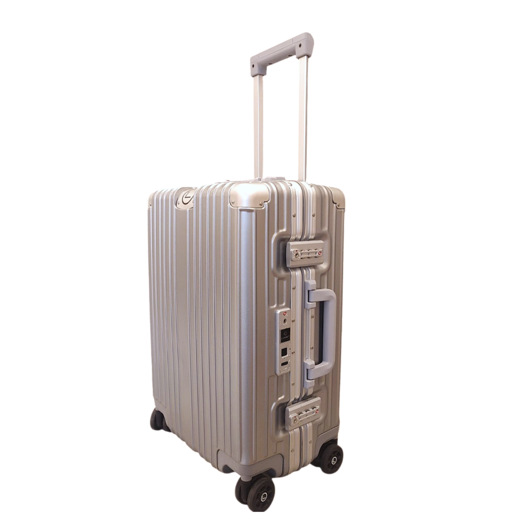 Beige suitcase with wheels and handle on a white background