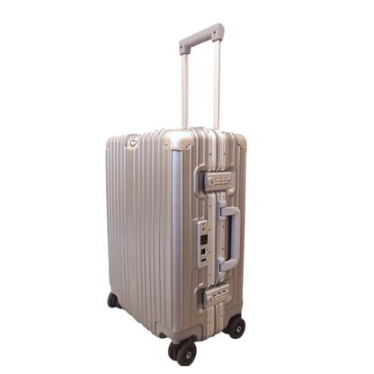 Beige suitcase with wheels and handle on a white background