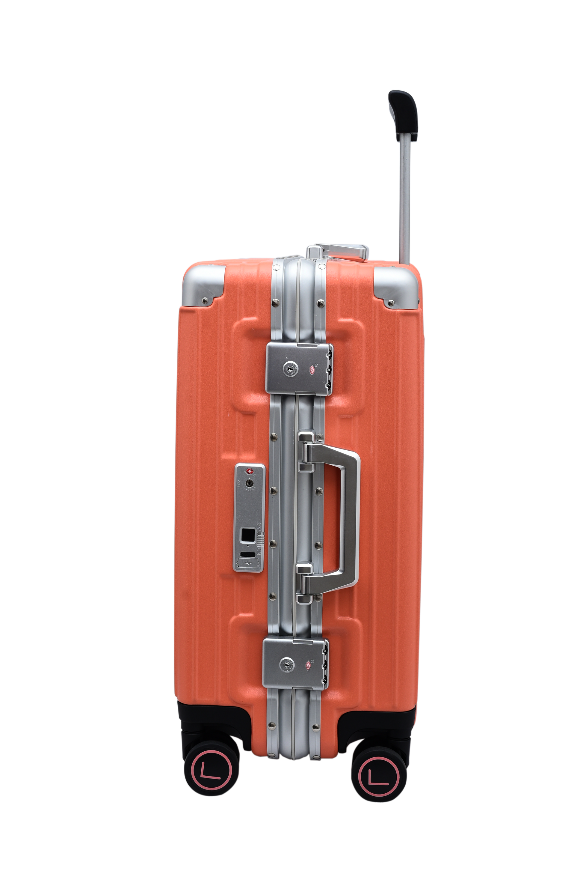 Orange suitcase with silver handle and wheels luggit