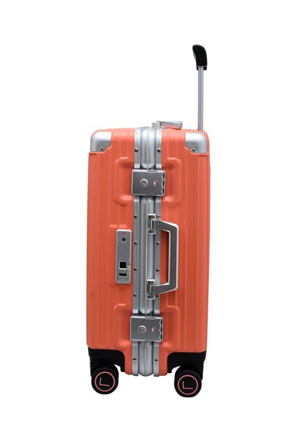 Orange suitcase with silver handle and wheels luggit