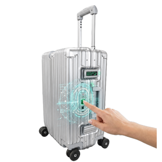 Silver suitcase with digital display and hand interacting with it on a white background