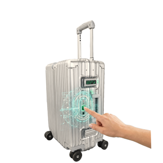 Silver suitcase with digital display and hand interacting with it on a white background