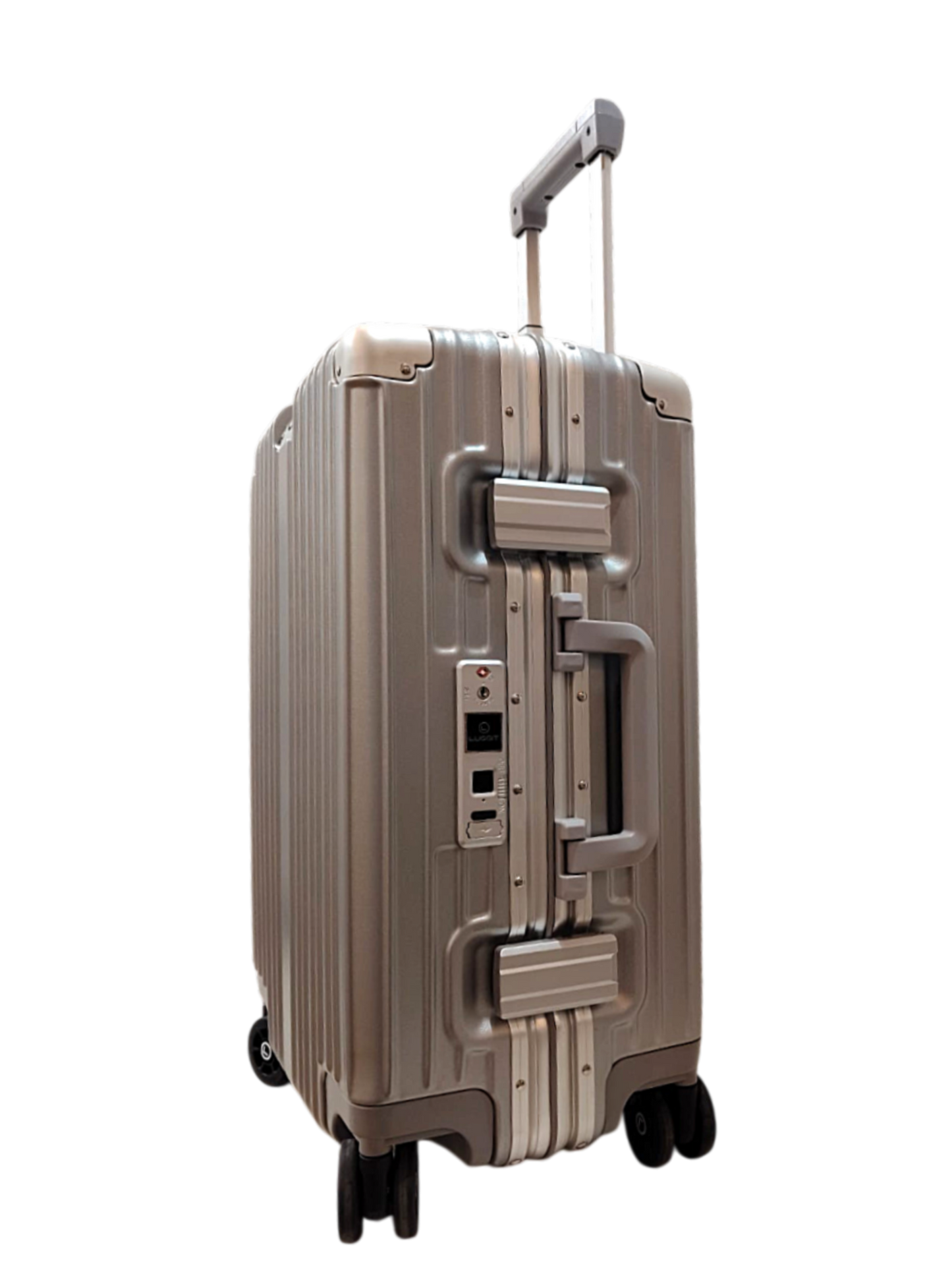 Beige suitcase with a handle and wheels on a white background luggit
