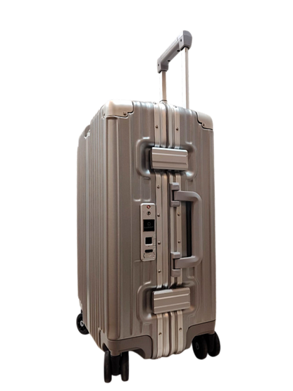 Beige suitcase with a handle and wheels on a white background luggit