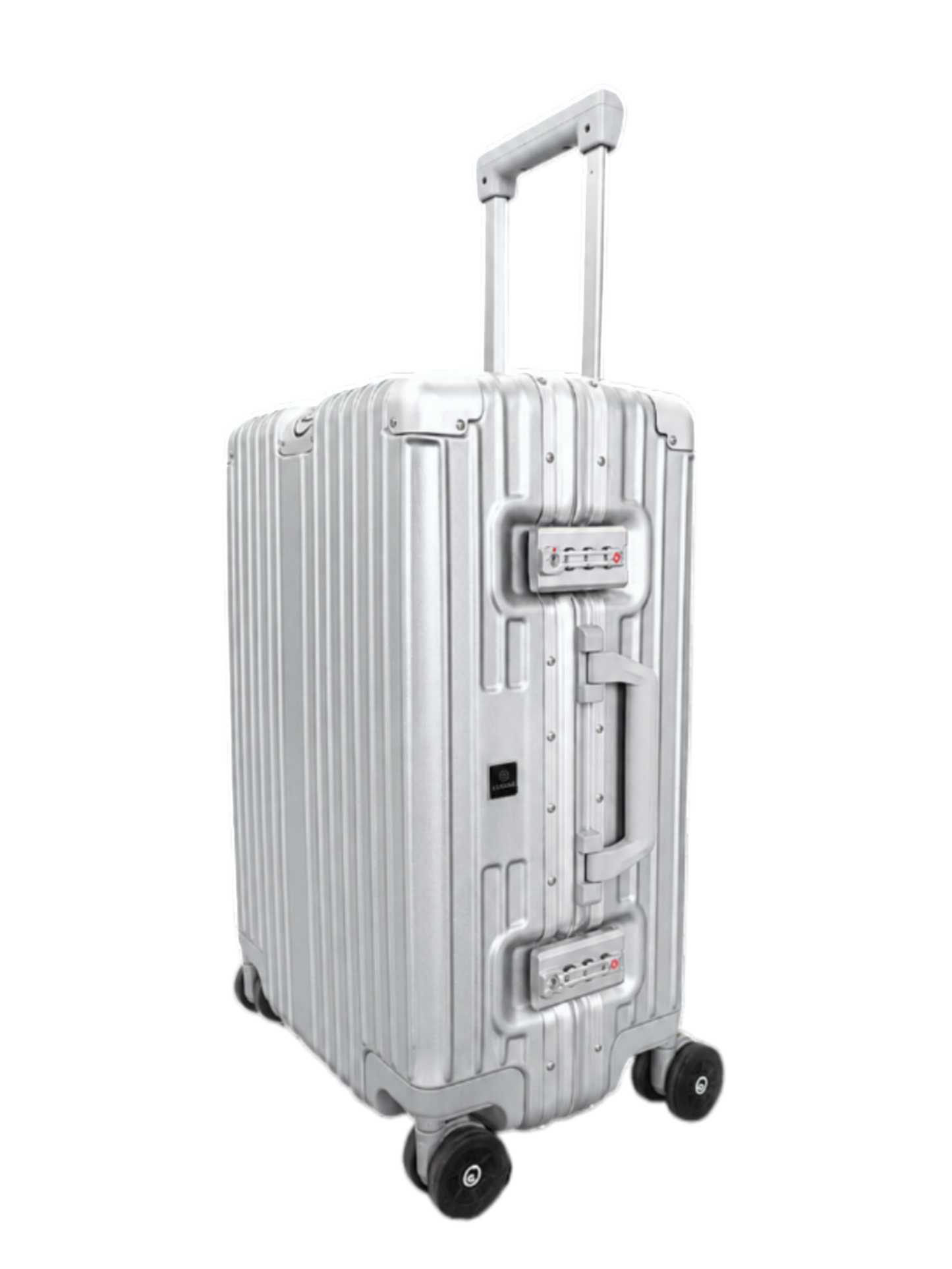 Silver suitcase with wheels and handle on a white background