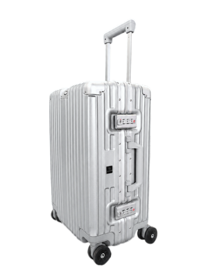 Silver suitcase with wheels and handle on a white background
