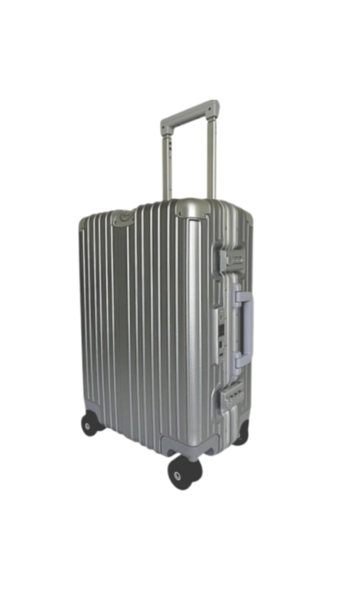 Silver suitcase with wheels on a white background