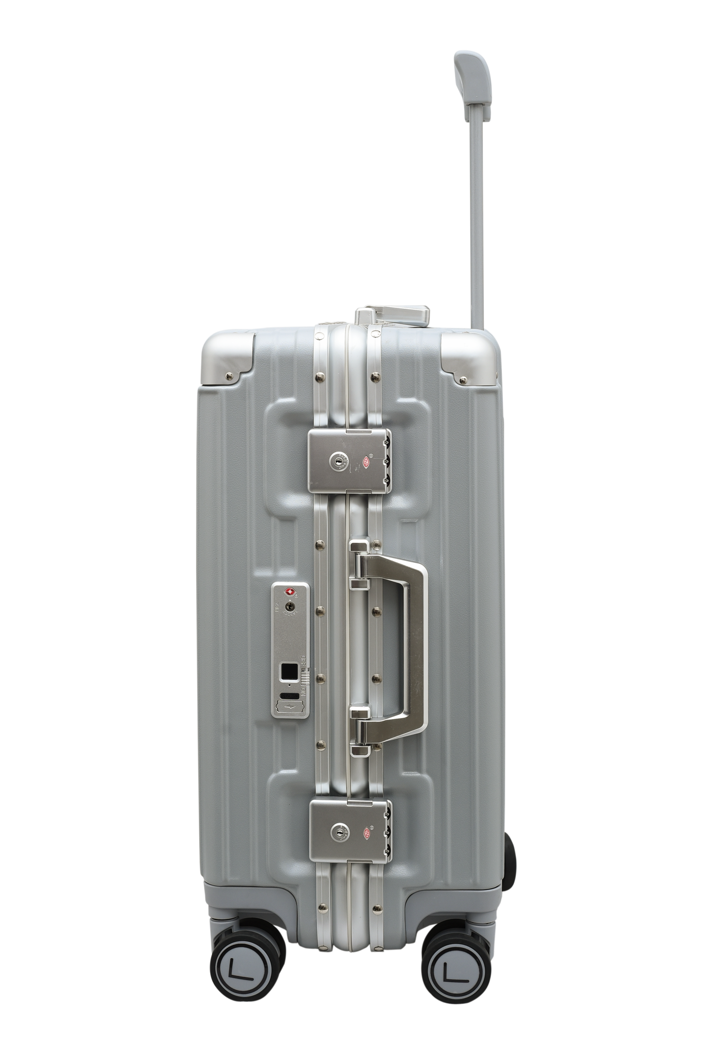 Silver suitcase with wheels and handle on a white background luggit