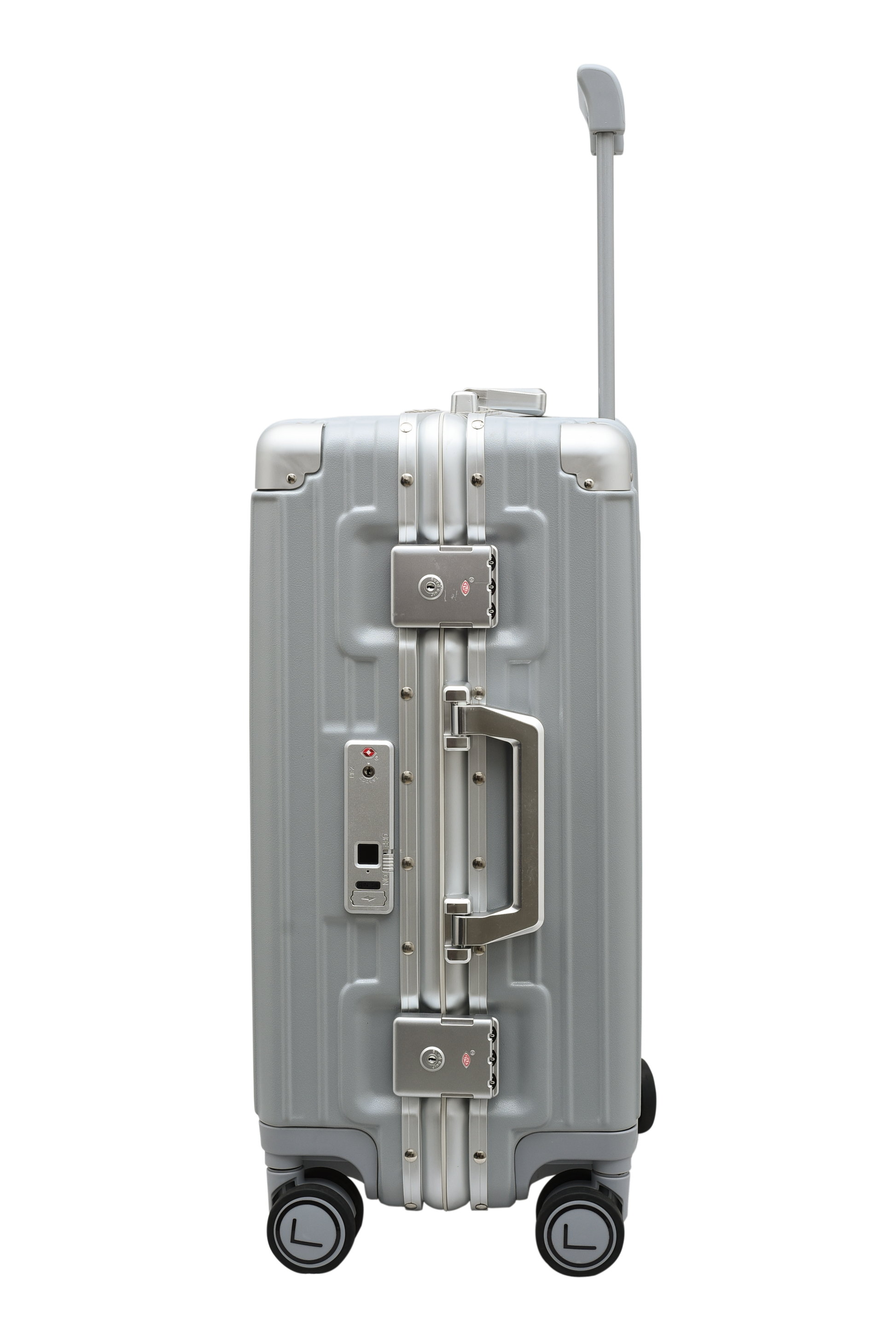 Silver suitcase with wheels and handle on a white background luggit