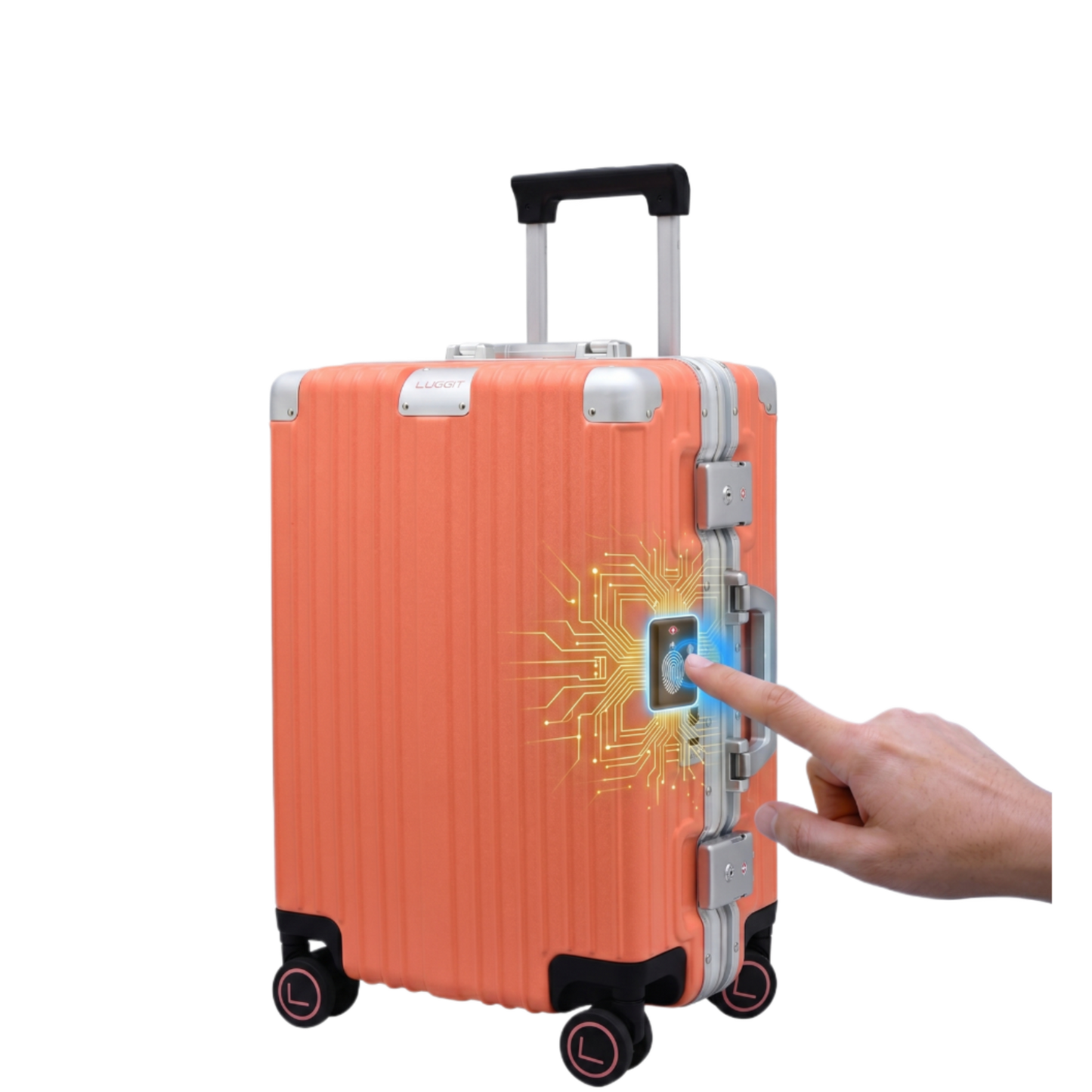 Orange suitcase with a digital interface being interacted with by a hand on a white background luggit