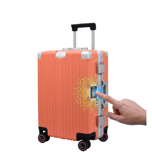 Orange suitcase with a digital interface being interacted with by a hand on a white background