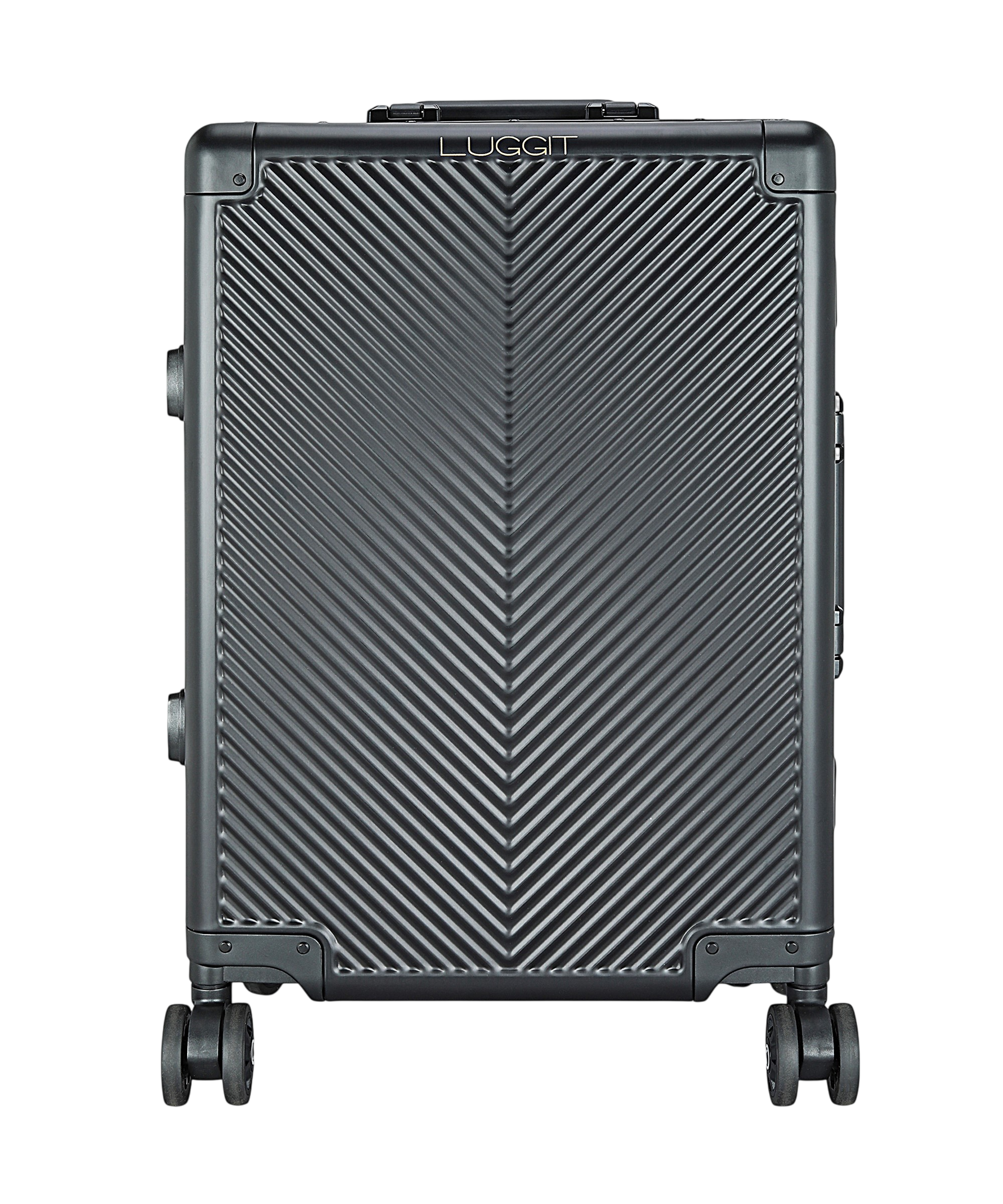 Black suitcase with a textured surface luggit