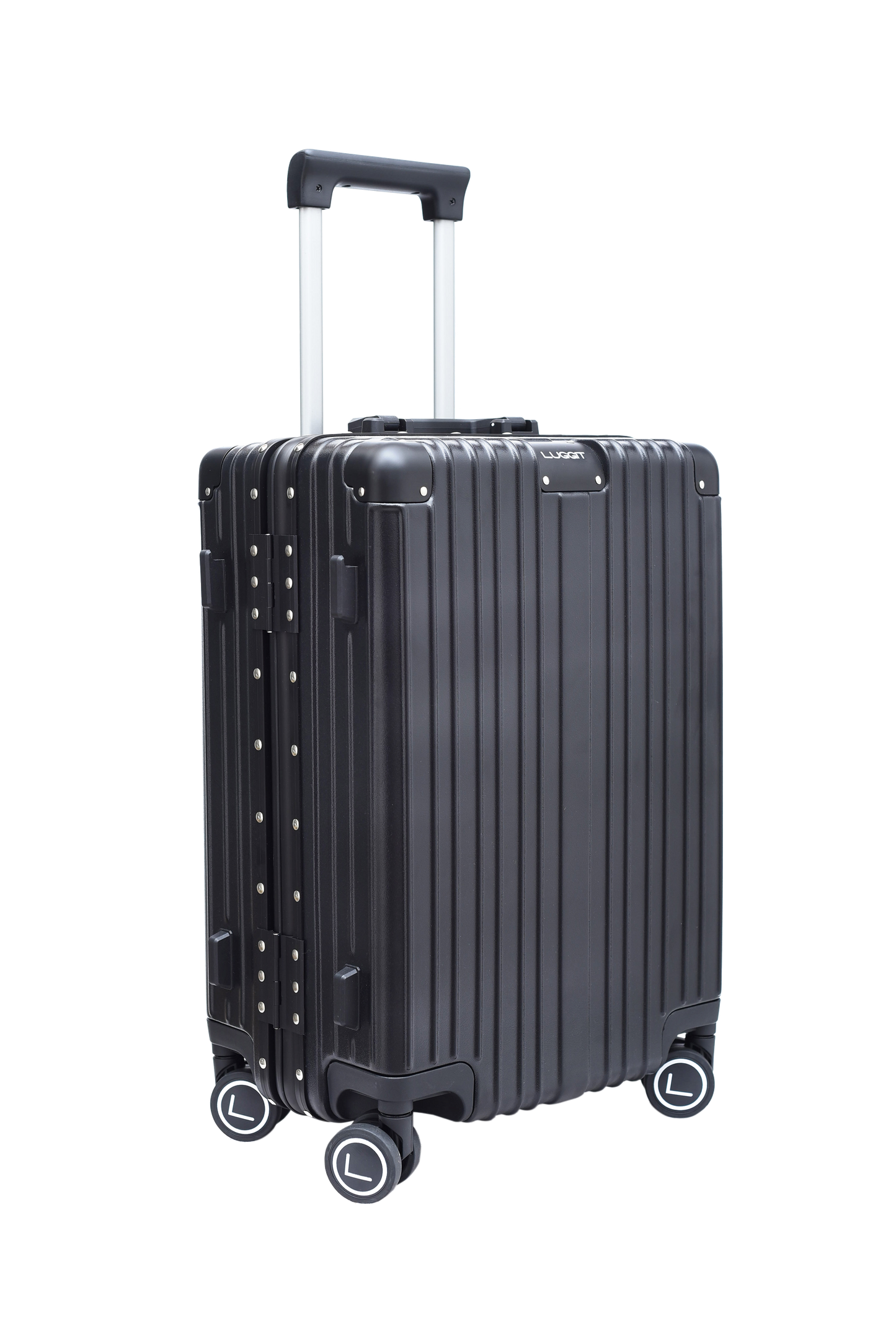 Black suitcase with wheels and handle on a white background