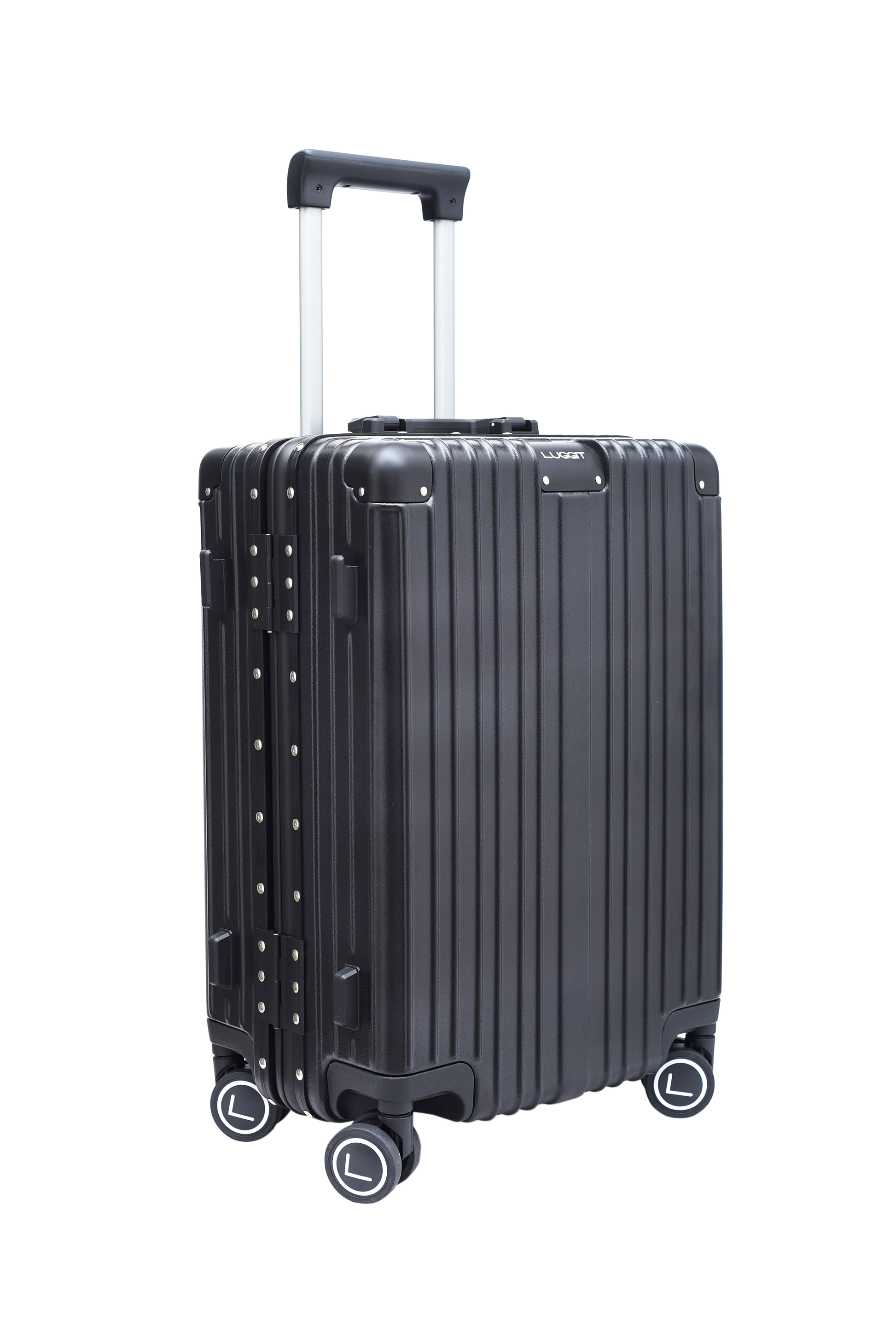 Black suitcase with wheels and handle on a white background