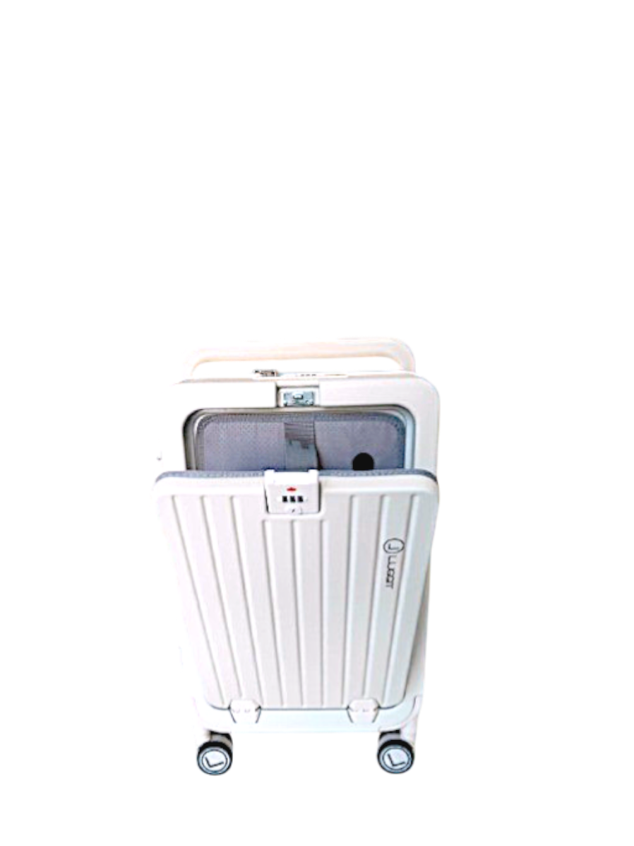 White suitcase with wheels on a white background