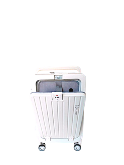 White suitcase with wheels on a white background
