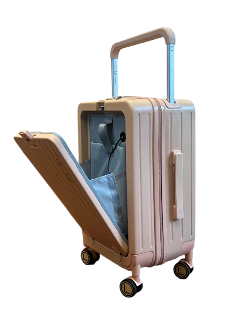 Beige suitcase with open front compartment on a white background luggit