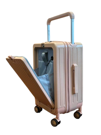 Beige suitcase with open front compartment on a white background luggit