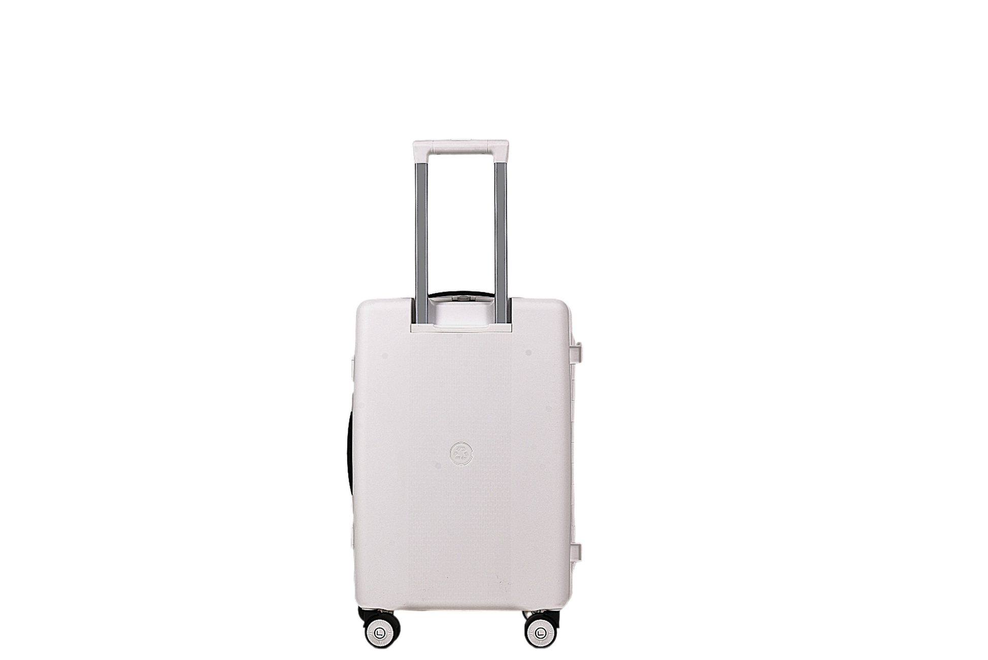 A light pink hard-shell rolling suitcase with an extended silver telescopic handle and four spinner wheels, shown against a plain white background.