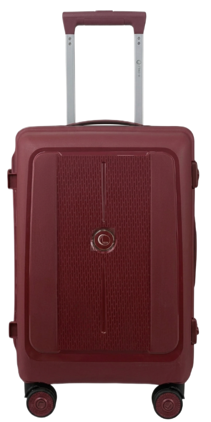 Red suitcase with wheels and handle on a white background