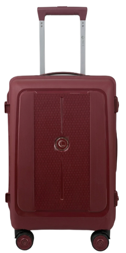 Red suitcase with wheels and handle on a white background