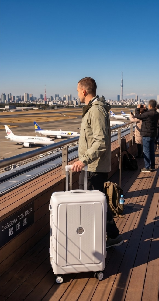 Man with a suitcase on a rooftop observation deck overlooking an airport with planes and city skyline. luggit