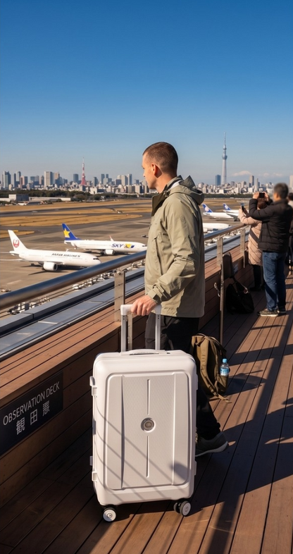 Man with a suitcase on a rooftop observation deck overlooking an airport with planes and city skyline. luggit