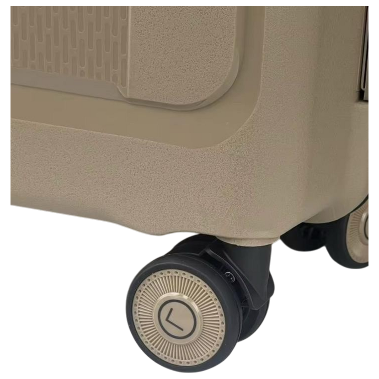 Close-up of a beige suitcase wheel on a white background