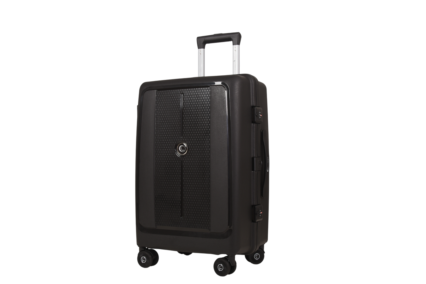 A black hard-shell spinner suitcase with an extended telescopic handle, shown from a three-quarter angle against a plain white background.