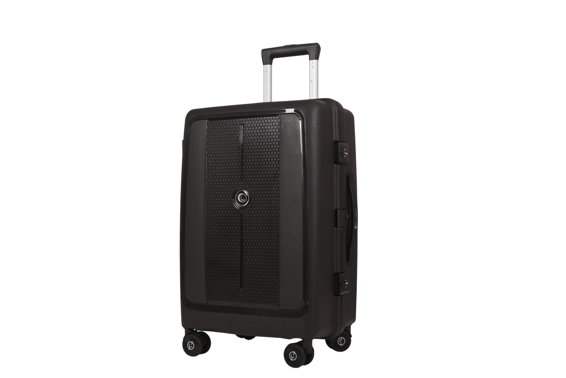A black hard-shell spinner suitcase with an extended telescopic handle, shown from a three-quarter angle against a plain white background.