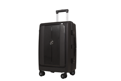 A black hard-shell spinner suitcase with an extended telescopic handle, shown from a three-quarter angle against a plain white background.