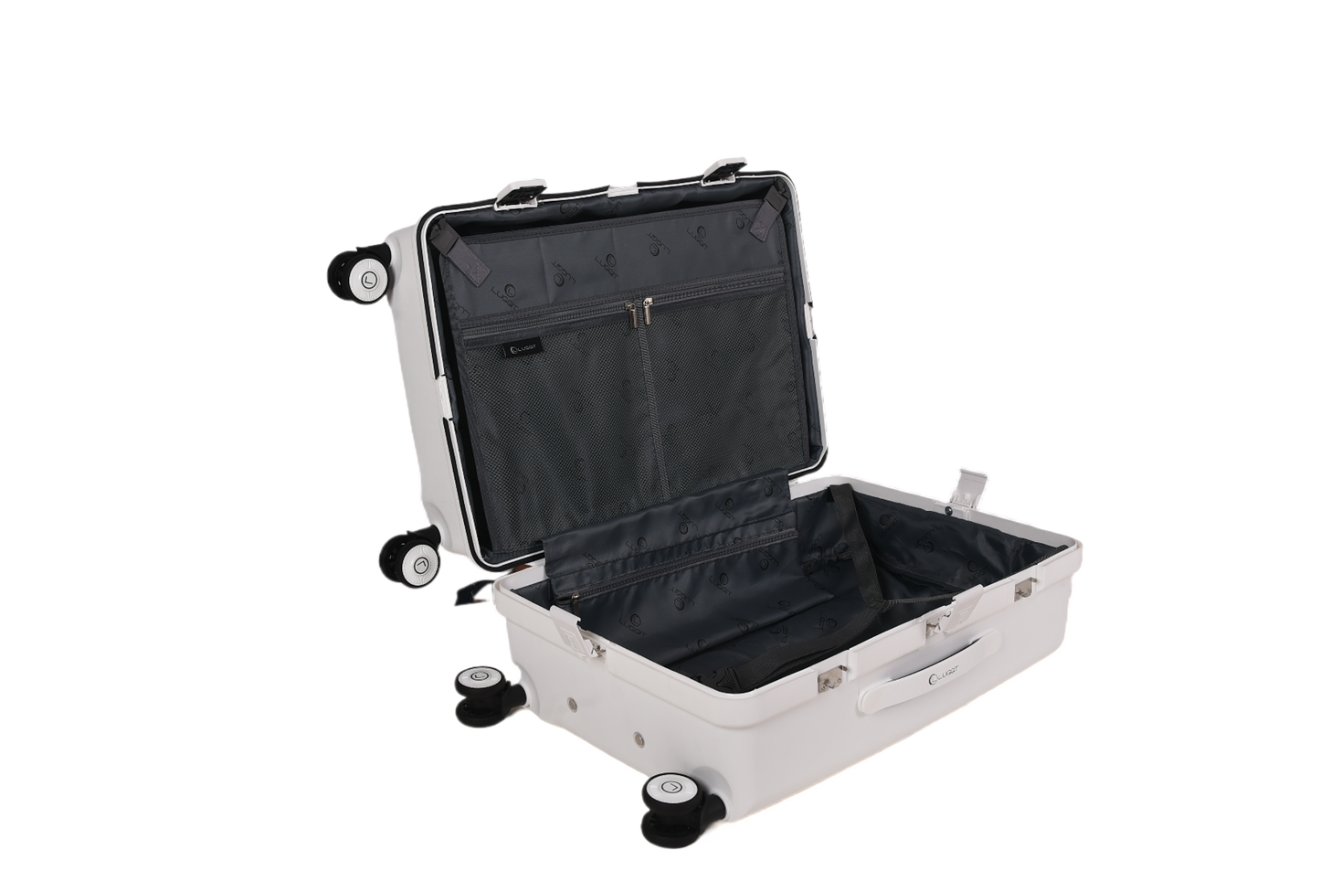 A light gray hard-shell suitcase shown open, revealing a black interior lining with a zippered compartment and organizer pocket, set against a plain white background.