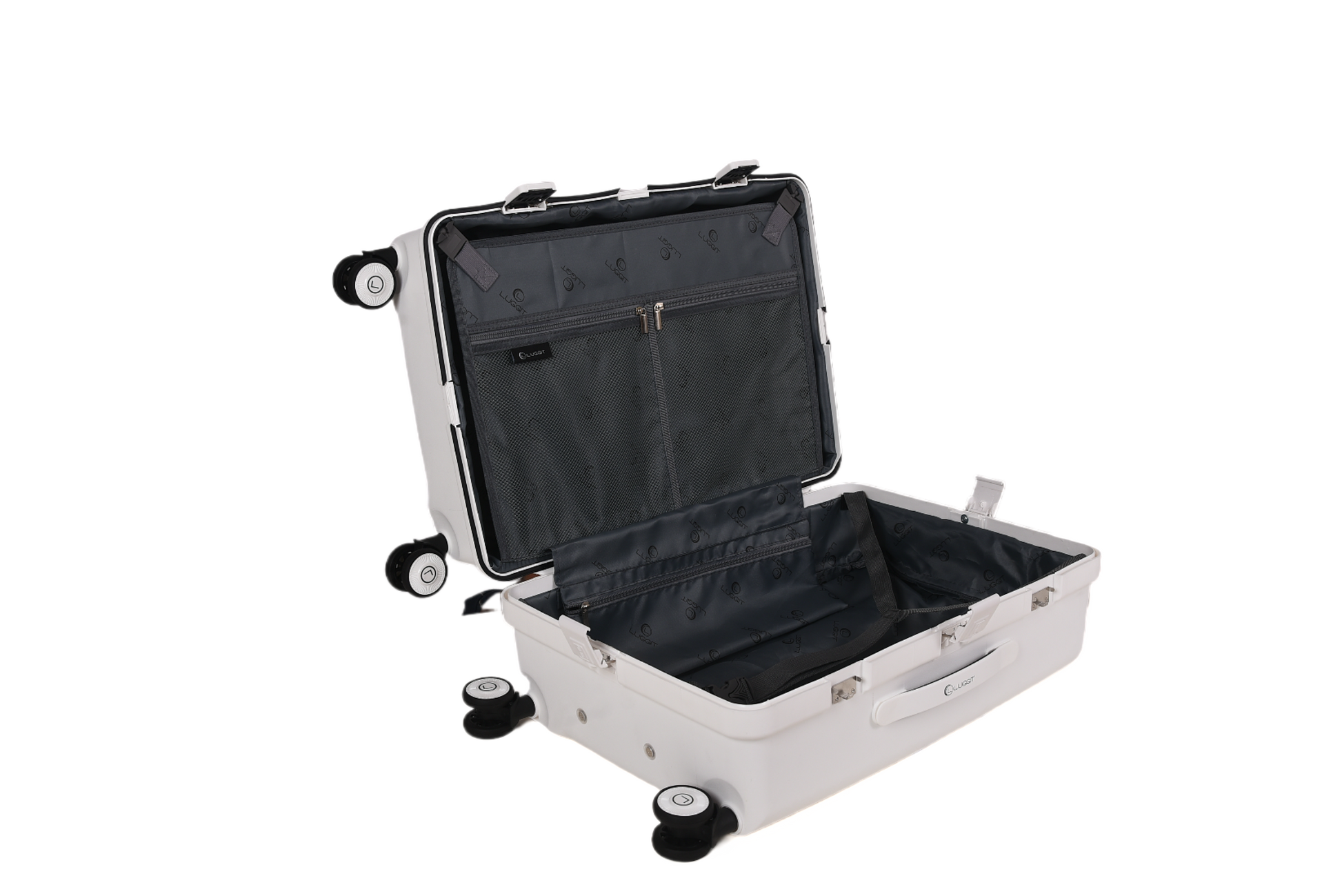 A light gray hard-shell suitcase shown open, revealing a black interior lining with a zippered compartment and organizer pocket, set against a plain white background.