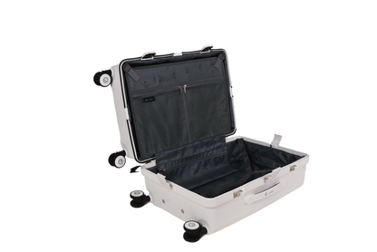 A light gray hard-shell suitcase shown open, revealing a black interior lining with a zippered compartment and organizer pocket, set against a plain white background.