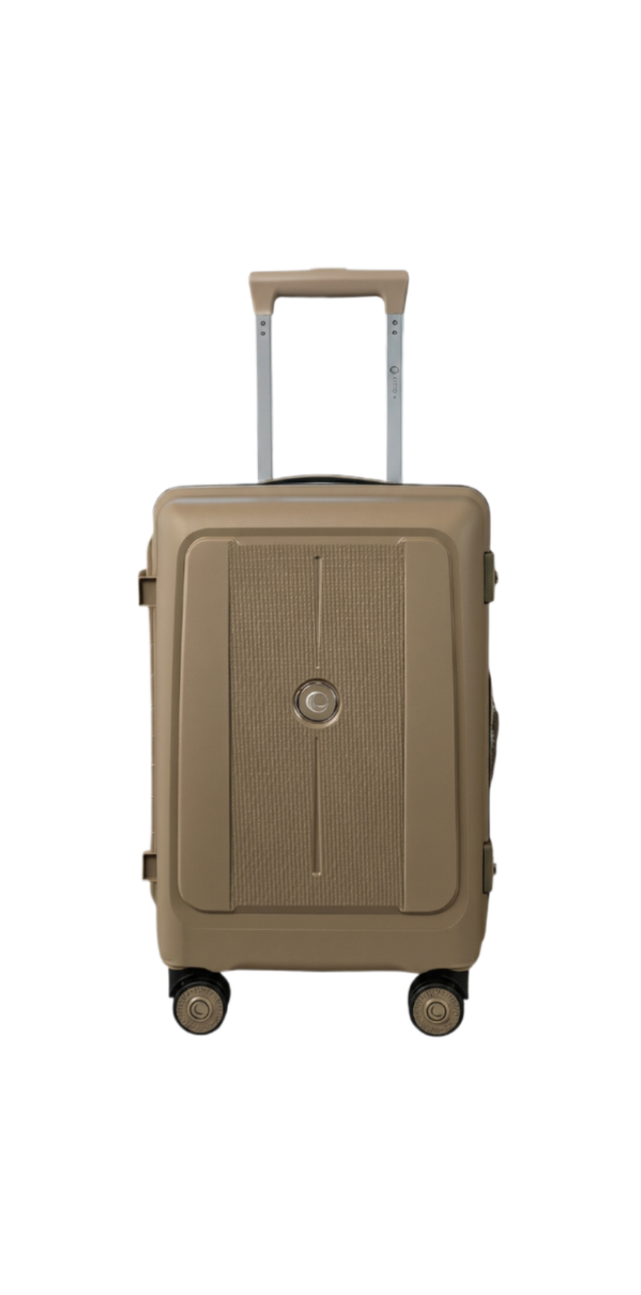 Beige suitcase with wheels and handle on a white background