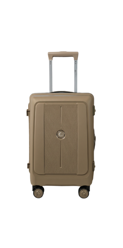 Beige suitcase with wheels and handle on a white background