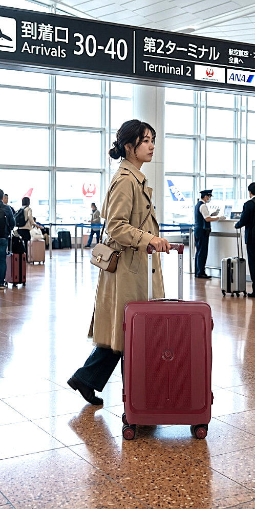 Woman in a beige coat pulling a red suitcase through an airport terminal. luggit