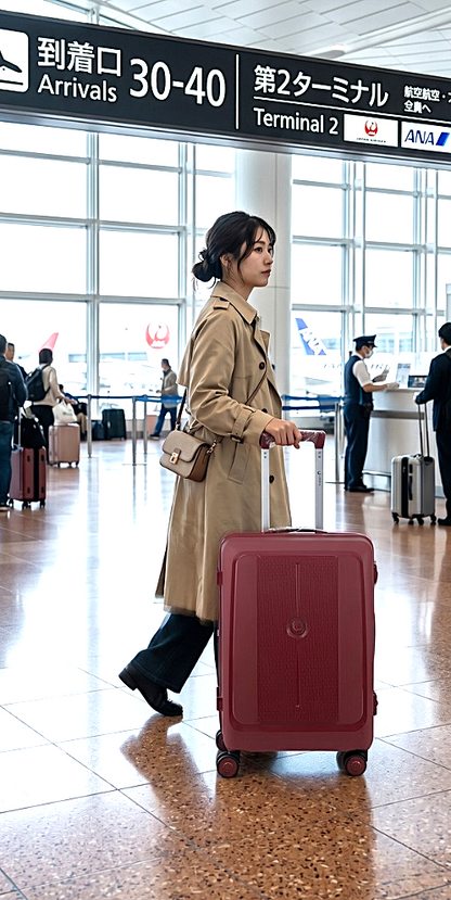 Woman in a beige coat pulling a red suitcase through an airport terminal. luggit