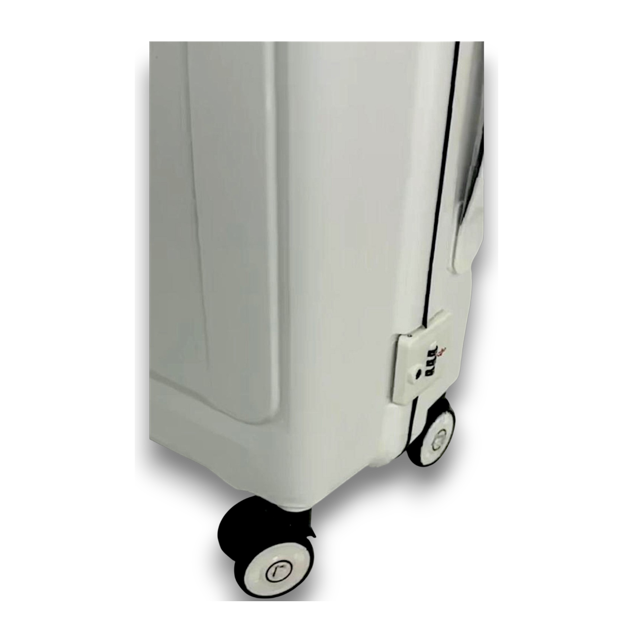 Close-up of a suitcase with wheels on a white background